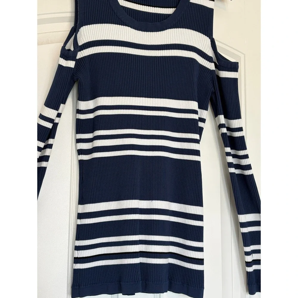 Michael Michael Kors Navy White Striped Cold Shoulder Ribbed Knit‎ Sweater M